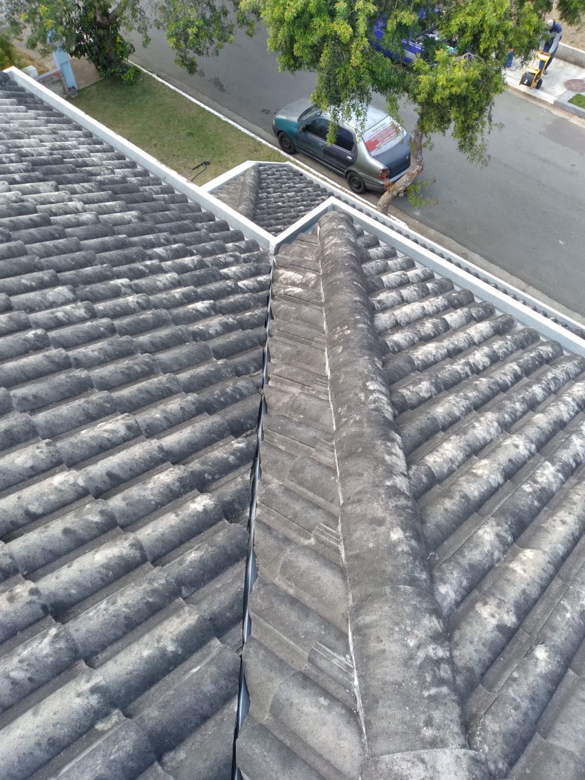 Telhado residencial com telhas cerâmicas escuras e aspecto sujo/desgastado, vista aérea mostrando o estado típico antes da lavagem.